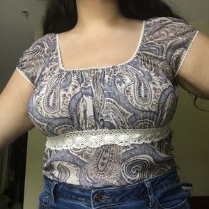 Y2K Mesh Paisley Milkmaid Style Lettuce Hem Top